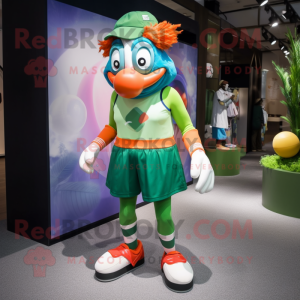 Forest Green Clown Fish mascot costume character dressed with a Running Shorts and Berets