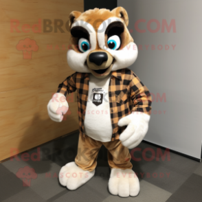 Cream Lemur mascot costume character dressed with a Flannel Shirt and Belts