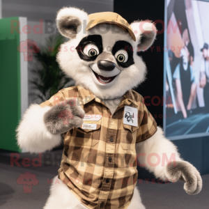 Cream Lemur mascot costume character dressed with a Flannel Shirt and Belts