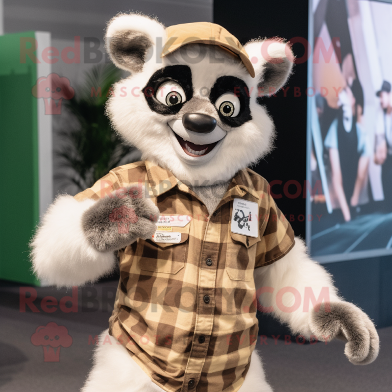 Cream Lemur mascot costume character dressed with a Flannel Shirt and Belts Cream Lemur mascot costume character dressed with a Flannel Shirt and Belts