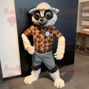 Cream Lemur mascot costume character dressed with a Flannel Shirt and Belts