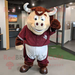 Maroon Hereford Cow mascot costume character dressed with a Baseball Tee and Earrings