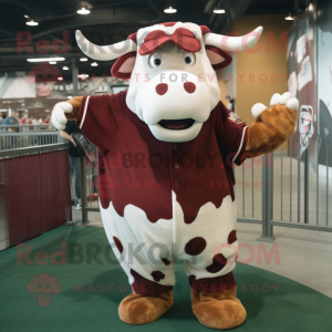 Maroon Hereford Cow mascot costume character dressed with a Baseball Tee and Earrings