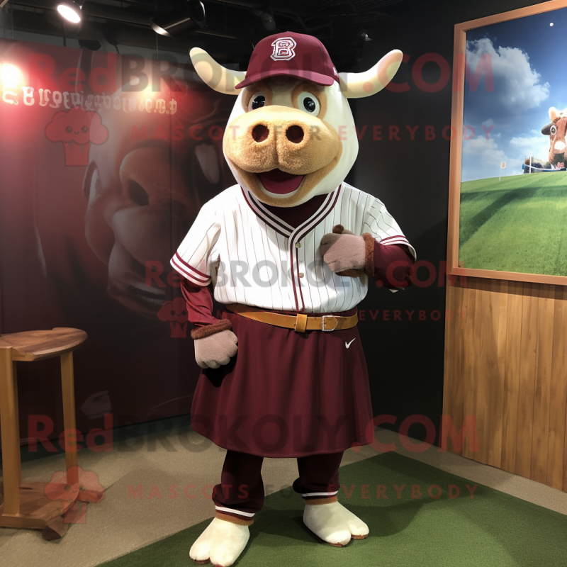 Maroon Hereford Cow mascot costume character dressed with a Baseball Tee and Earrings