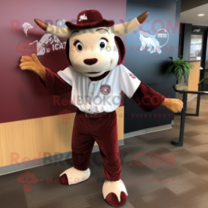 Maroon Hereford Cow mascot costume character dressed with a Baseball Tee and Earrings