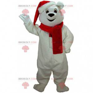 Mascote do ursinho de pelúcia branco com chapéu e lenço -