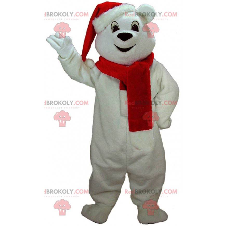 Mascotte de nounours blanc avec un bonnet et une écharpe - Mascotte de nounours blanc avec un bonnet et une écharpe -