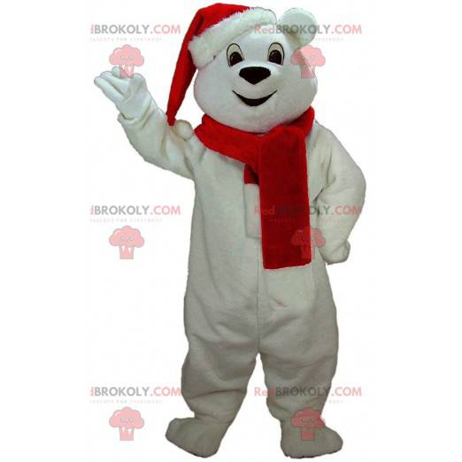 White teddy bear mascot with a hat and scarf - Redbrokoly.com