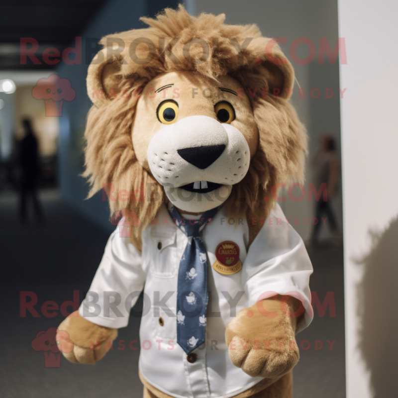 nan Tamer Lion mascot costume character dressed with a Button-Up Shirt and Hair clips