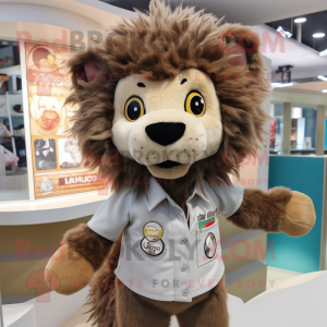 nan Tamer Lion mascot costume character dressed with a Button-Up Shirt and Hair clips