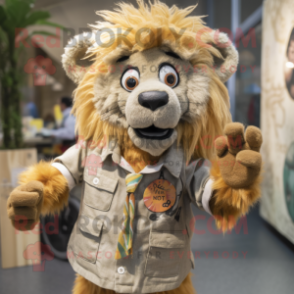 nan Tamer Lion mascot costume character dressed with a Button-Up Shirt and Hair clips