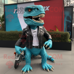 Turquoise T Rex mascot costume character dressed with a Moto Jacket and Earrings