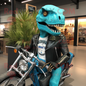 Turquoise T Rex mascot costume character dressed with a Moto Jacket and Earrings