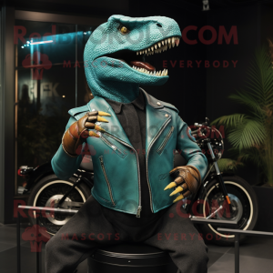 Turquoise T Rex mascot costume character dressed with a Moto Jacket and Earrings