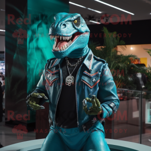 Turquoise T Rex mascot costume character dressed with a Moto Jacket and Earrings