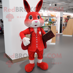 Red Rabbit mascot costume character dressed with a Long Sleeve Tee and Wallets