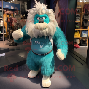 Teal Yeti mascot costume character dressed with a Running Shorts and Suspenders