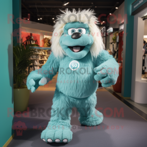 Teal Yeti mascot costume character dressed with a Running Shorts and Suspenders