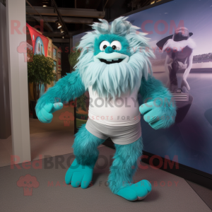 Teal Yeti mascot costume character dressed with a Running Shorts and Suspenders