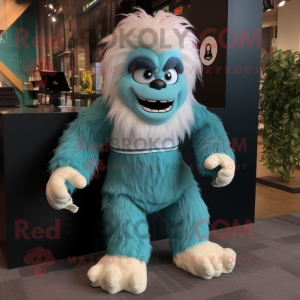 Teal Yeti mascot costume character dressed with a Running Shorts and Suspenders