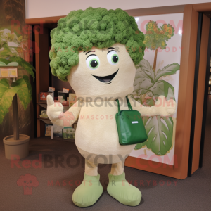 Tan Broccoli mascot costume character dressed with a Henley Tee and Clutch bags