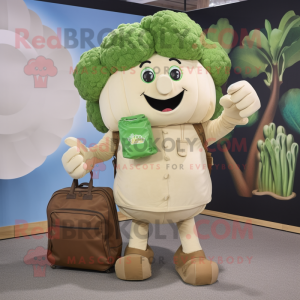Tan Broccoli mascot costume character dressed with a Henley Tee and Clutch bags