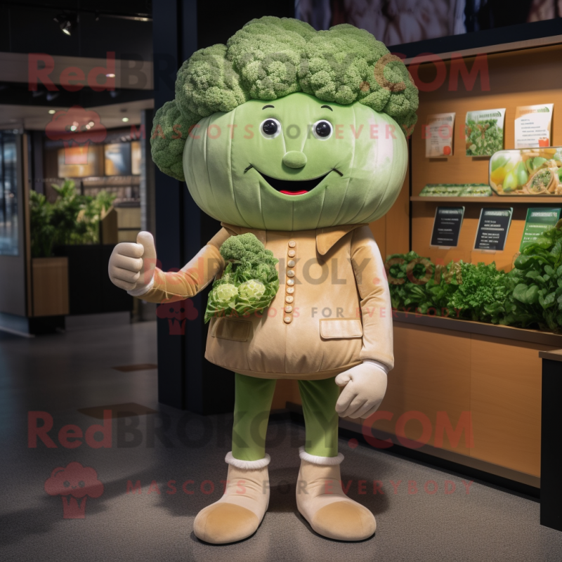 Tan Broccoli mascot costume character dressed with a Henley Tee and Clutch bags