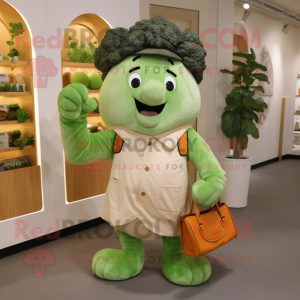 Tan Broccoli mascot costume character dressed with a Henley Tee and Clutch bags