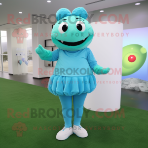 Cyan Golf Ball mascot costume character dressed with a Turtleneck and Hair clips