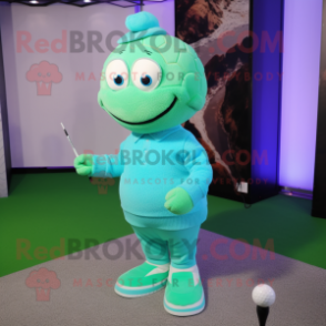 Cyan Golf Ball mascot costume character dressed with a Turtleneck and Hair clips