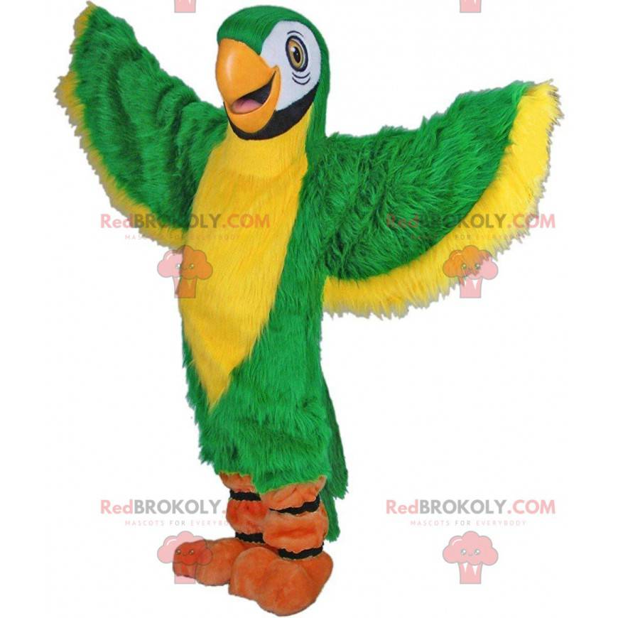 Mascote papagaio verde e amarelo, fantasia de animal exótico -