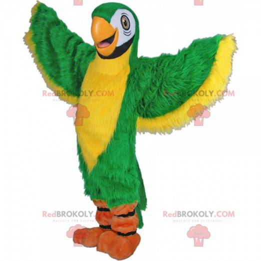 Green and yellow parrot mascot, exotic animal costume -