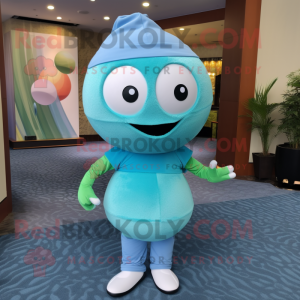 Cyan Golf Ball mascot costume character dressed with a Turtleneck and Hair clips