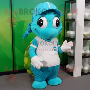 Cyan Golf Ball mascot costume character dressed with a Turtleneck and Hair clips
