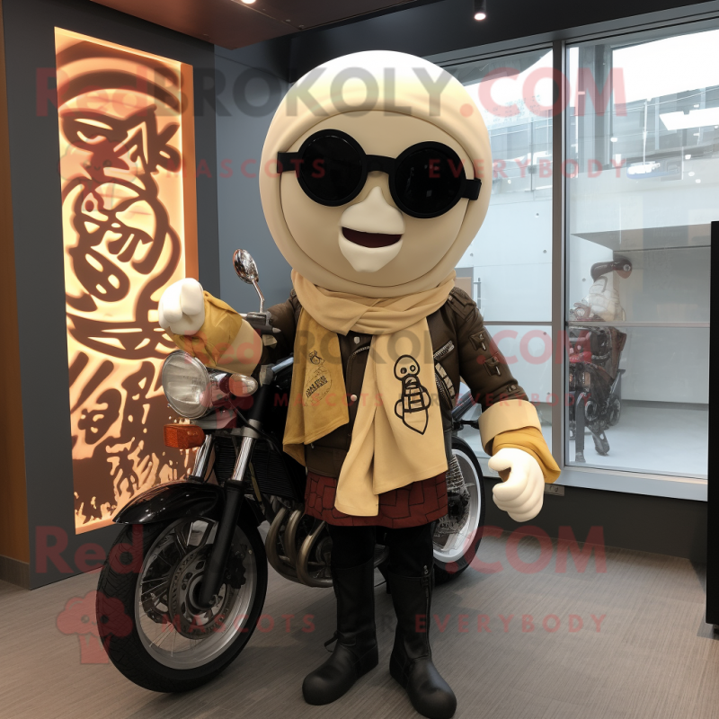 Cream Ramen mascot costume character dressed with a Biker Jacket and Scarves