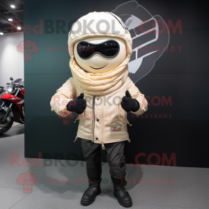 Cream Ramen mascot costume character dressed with a Biker Jacket and Scarves