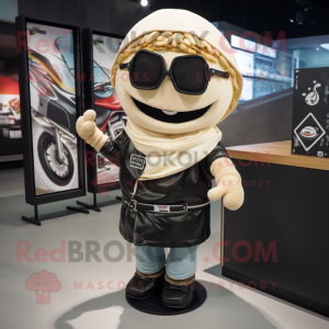 Cream Ramen mascot costume character dressed with a Biker Jacket and Scarves