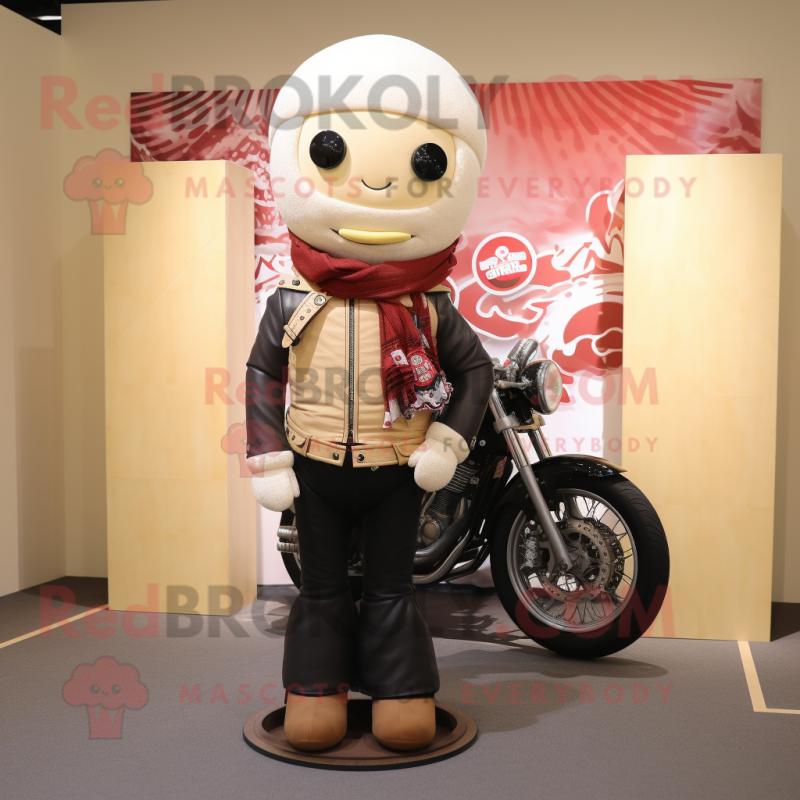 Cream Ramen mascot costume character dressed with a Biker Jacket and Scarves