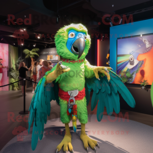Green Macaw mascot costume character dressed with a Bikini and Suspenders