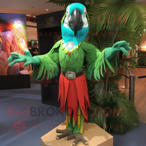 Green Macaw mascot costume character dressed with a Bikini and Suspenders