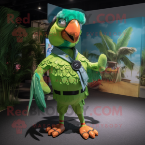 Green Macaw mascot costume character dressed with a Bikini and Suspenders