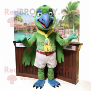 Green Macaw mascot costume character dressed with a Bikini and Suspenders