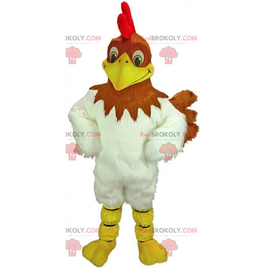 Mascote de frango marrom e branco, fantasia de galinha gigante