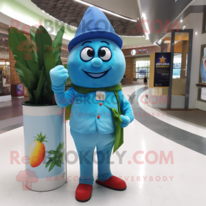 Sky Blue Mango mascot costume character dressed with a Trousers and Bracelet watches