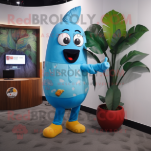 Sky Blue Mango mascot costume character dressed with a Trousers and Bracelet watches