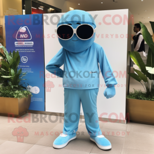Sky Blue Mango mascot costume character dressed with a Trousers and Bracelet watches