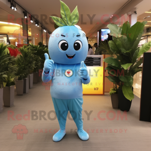 Sky Blue Mango mascot costume character dressed with a Trousers and Bracelet watches