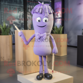 Lavender Aglet mascot costume character dressed with a Pencil Skirt and Tie pins