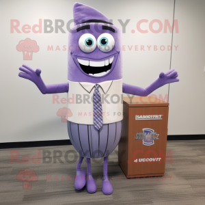 Lavender Aglet mascot costume character dressed with a Pencil Skirt and Tie pins