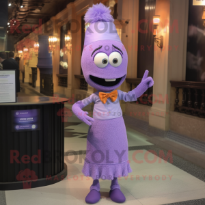 Lavender Aglet mascot costume character dressed with a Pencil Skirt and Tie pins